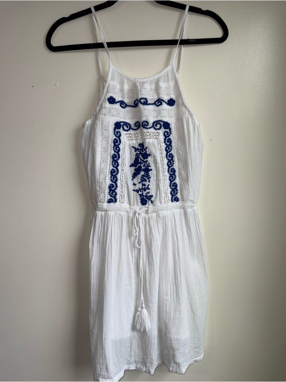 Gianni Bini White Mini Dress with Blue Embroidery Panel